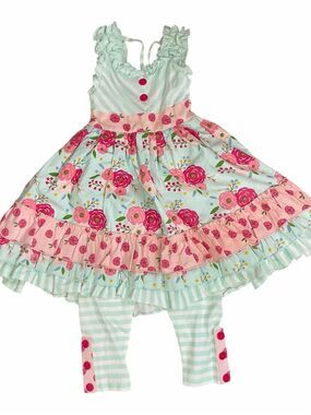 NEW Serendipity Mint Green Bloom Ruffled Dress and Striped Leggings Size 4T